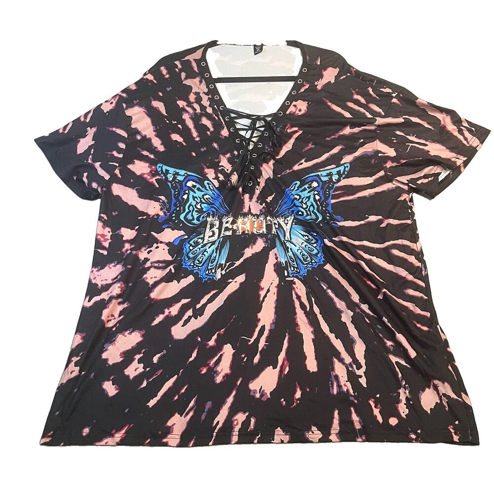 Shein Butterfly Beauty Animal Print Lace Up V Neck Up Curvy Womens Size 2XL